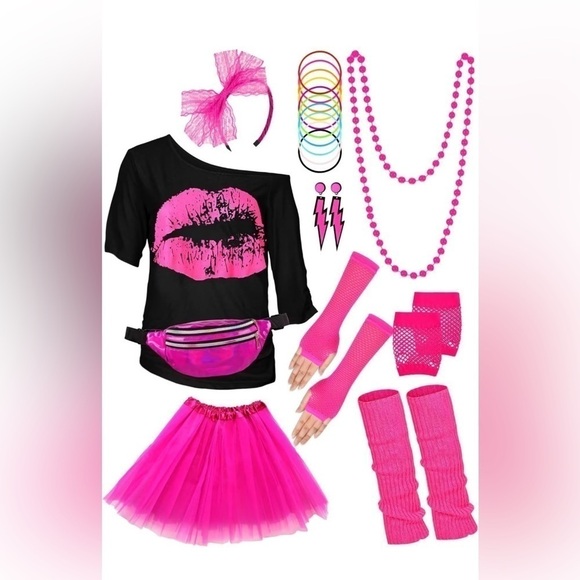 WILDPARTY 80s Outfit for Women Costume Accessories Set Pink Tutu Fanny Pack - Picture 2 of 9